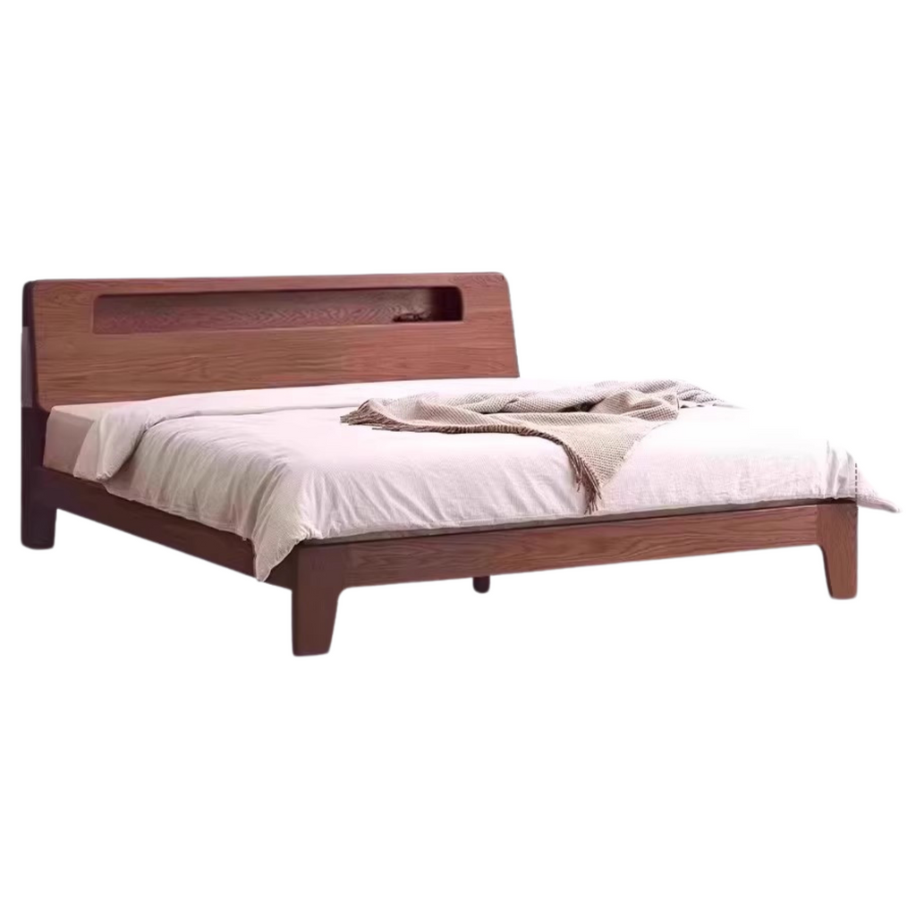 Oak solid wood bed with light and bookshelf