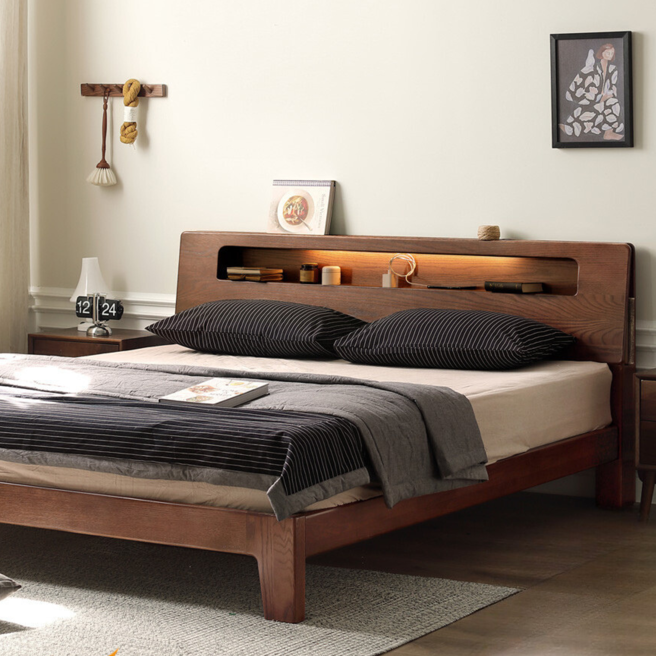 Oak solid wood bed with light walnut-color-USA