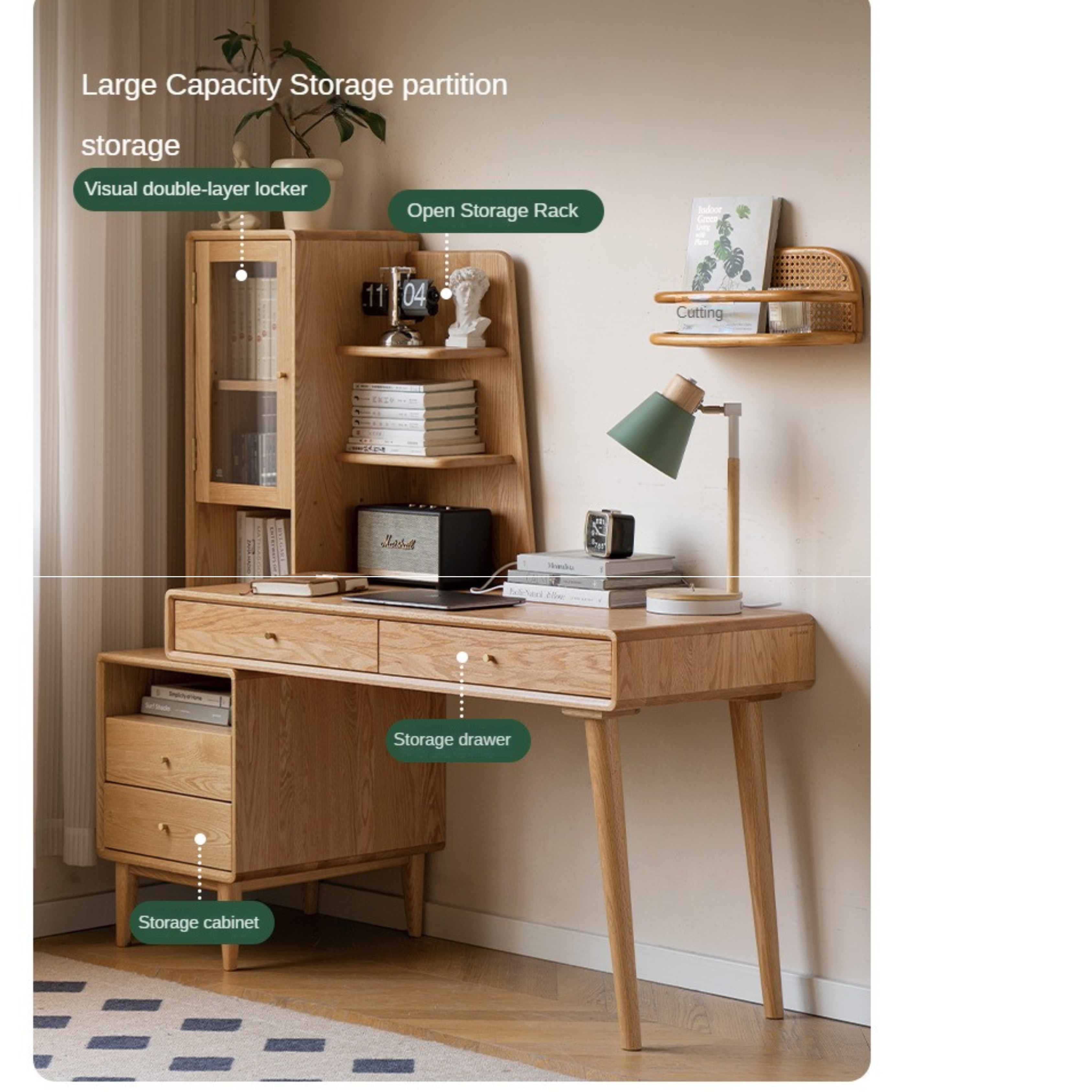 Oak Solid Wood Office Desk Combination