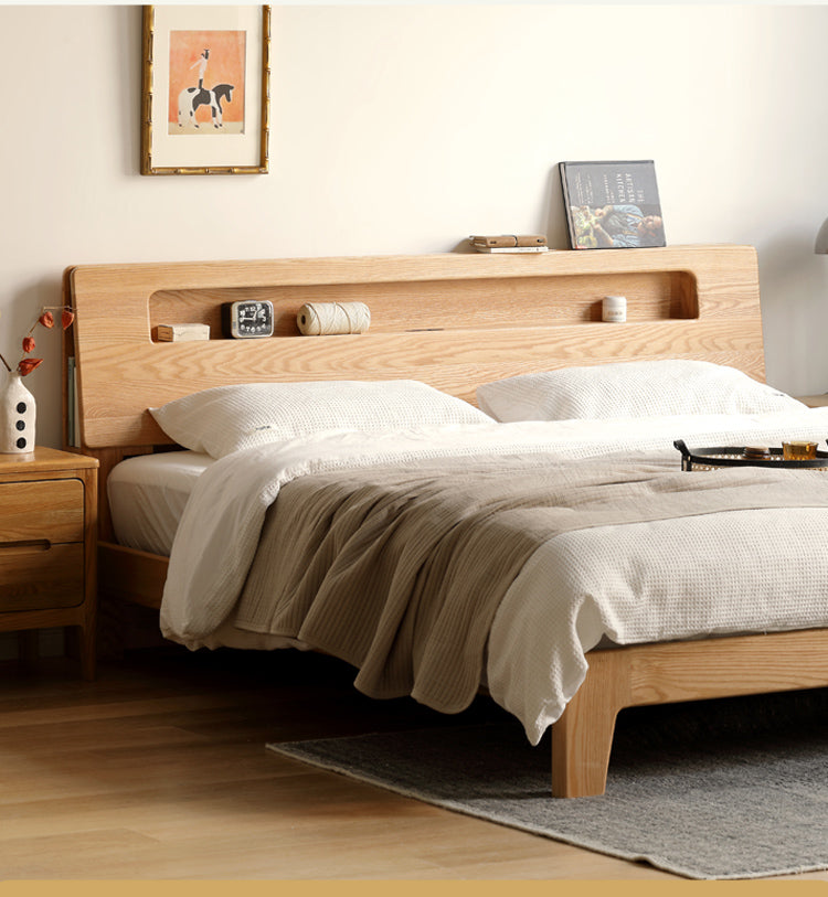 Oak solid wood bed with light and bookshelf