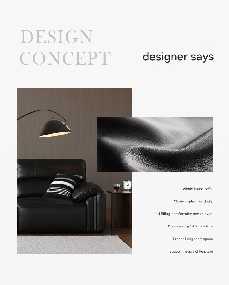 Leather Italian Light Luxury Black Straight Line Sofa.