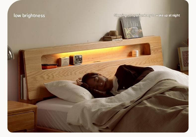 Oak solid wood bed with light and bookshelf