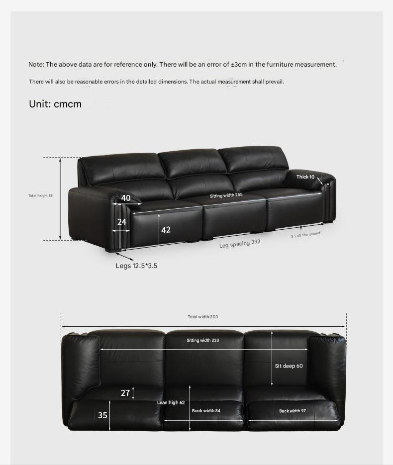 Leather Italian Light Luxury Black Straight Line Sofa.
