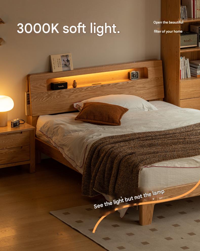 Oak solid wood bed with light and bookshelf