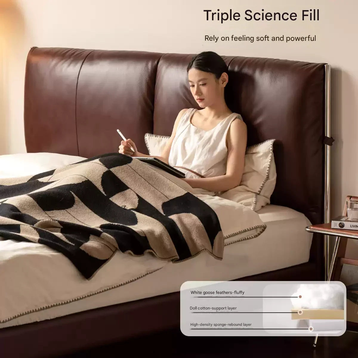 Leather Italian Light Luxury Brown Double Bed