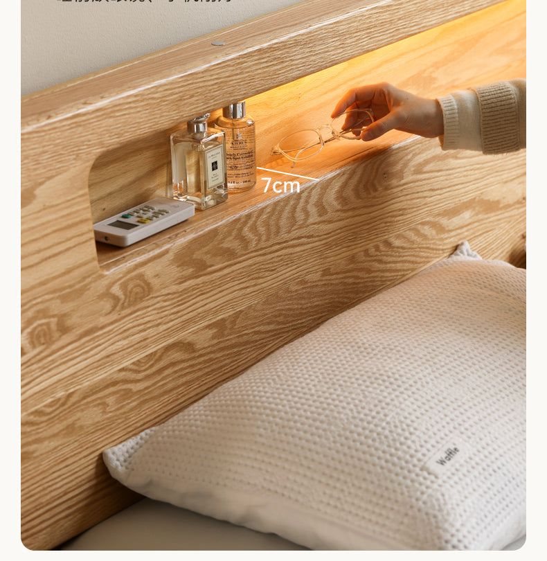 Oak solid wood bed with light and bookshelf