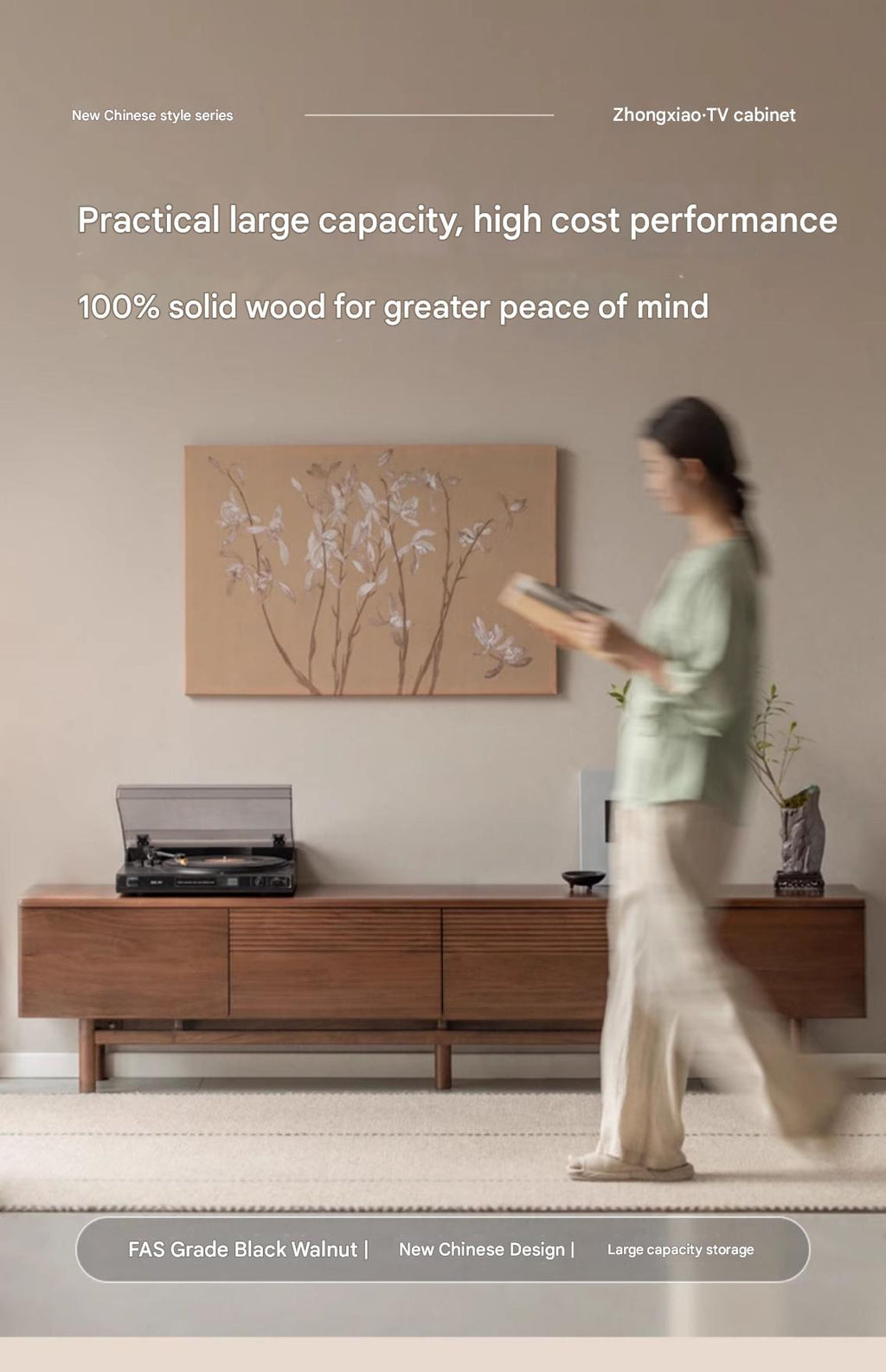 Black Walnut, Oak Solid Wood Floor TV Cabinet.