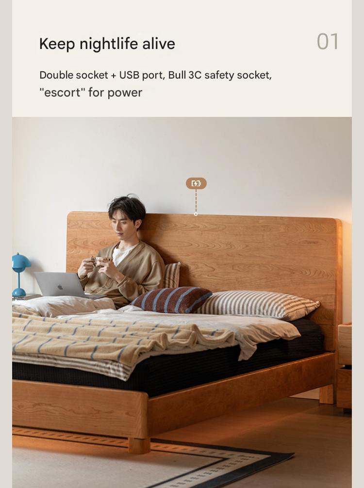 Cherry Solid Wood Modern Multifunctional Night Light Double Bed