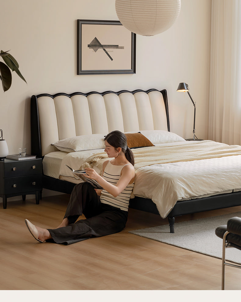 Ash Solid Wood Genuine Leather French Retro Art Bed