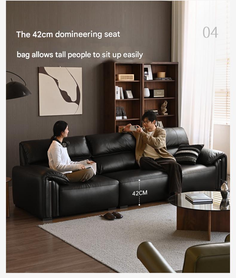 Leather Italian Light Luxury Black Straight Line Sofa.