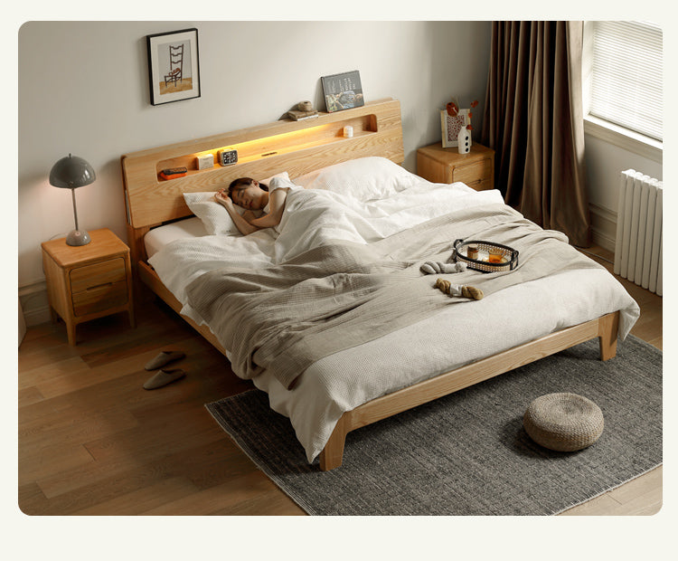 Oak solid wood bed with light and bookshelf