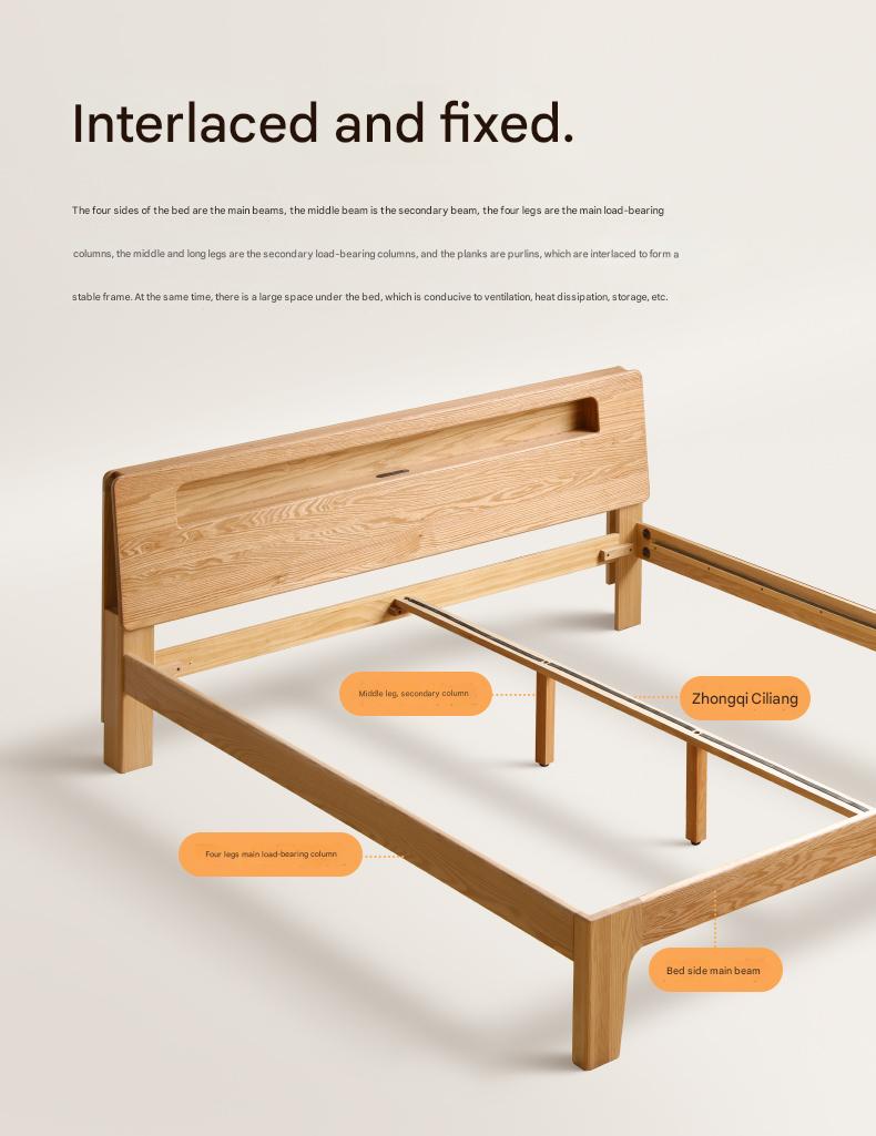 Oak solid wood bed with light and bookshelf