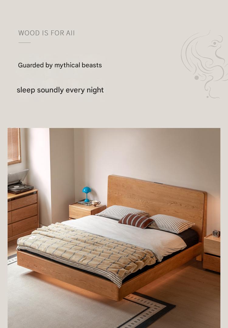 Cherry Solid Wood Modern Multifunctional Night Light Double Bed