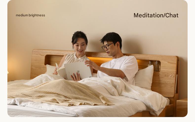 Oak solid wood bed with light and bookshelf