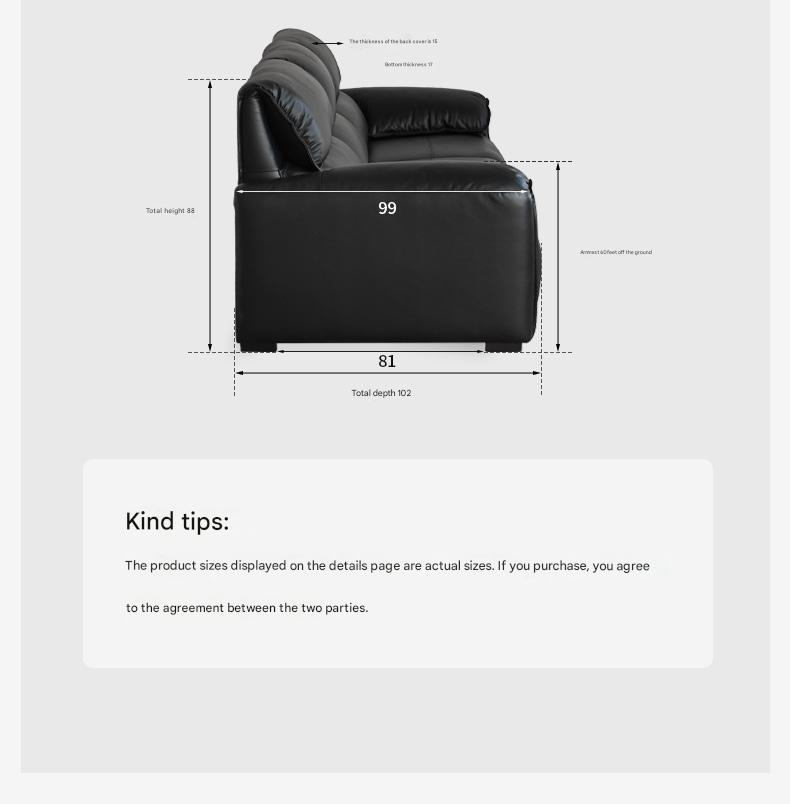 Leather Italian Light Luxury Black Straight Line Sofa.