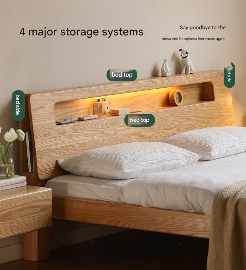 Oak solid wood bed with light and bookshelf