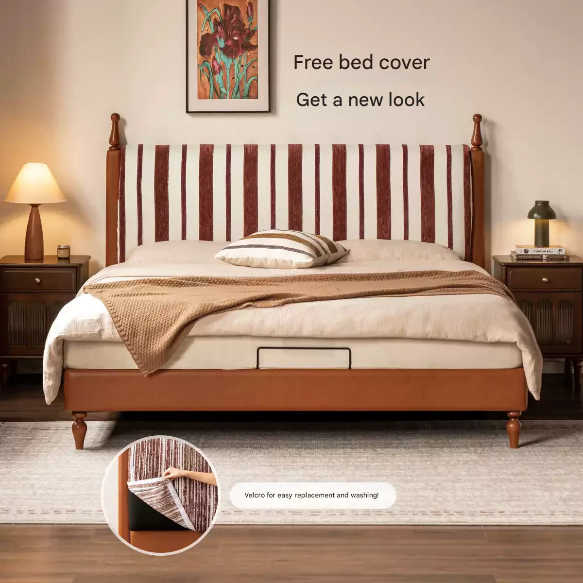 Ash Solid Wood Fabric Retro Edge Detachable Washable Soft Leaning Bed