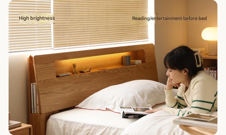 Oak solid wood bed with light and bookshelf