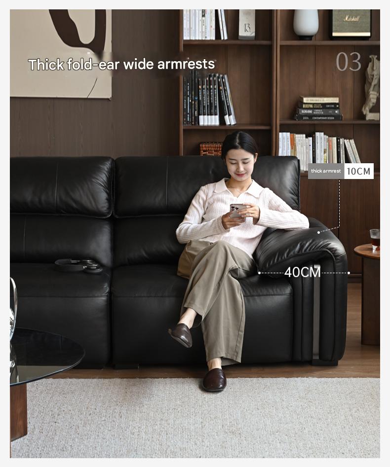 Leather Italian Light Luxury Black Straight Line Sofa.