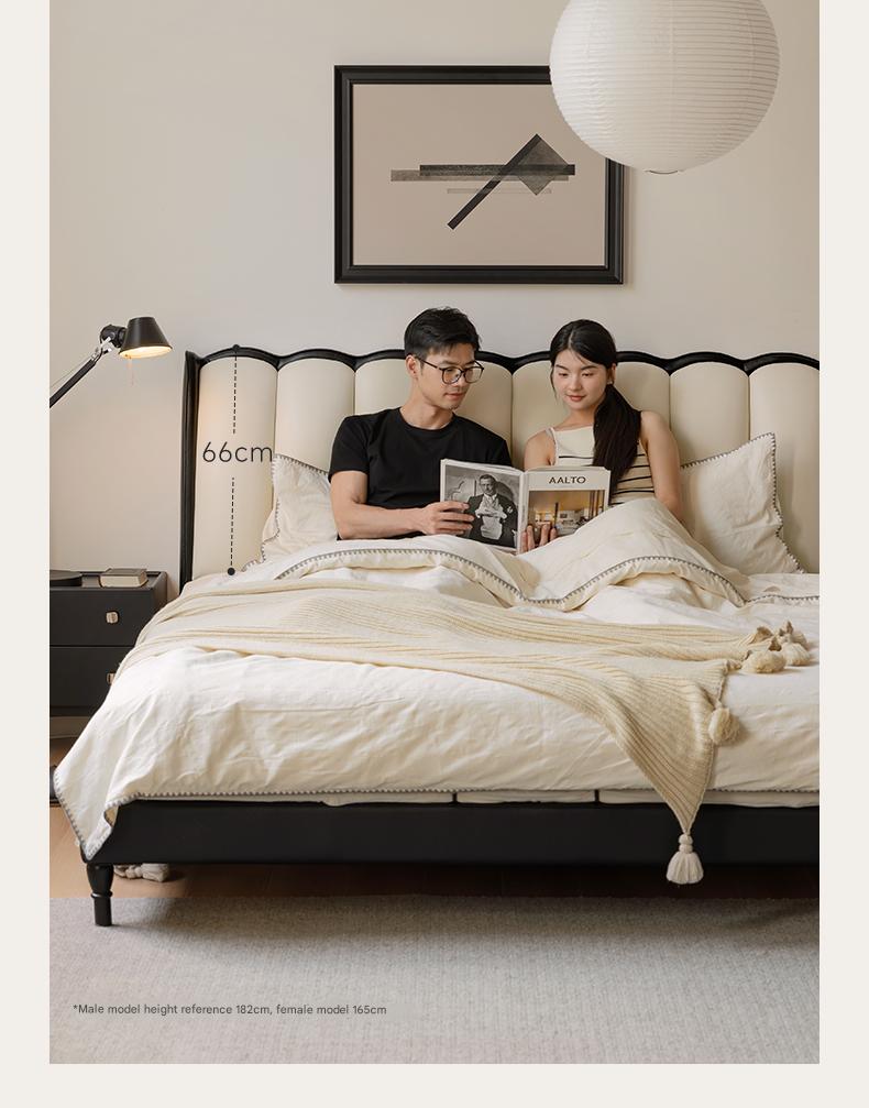 Ash Solid Wood Genuine Leather French Retro Art Bed