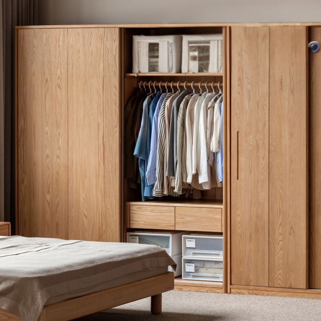 Oak, Ash Solid Wood Wardrobe With Sliding Doors.