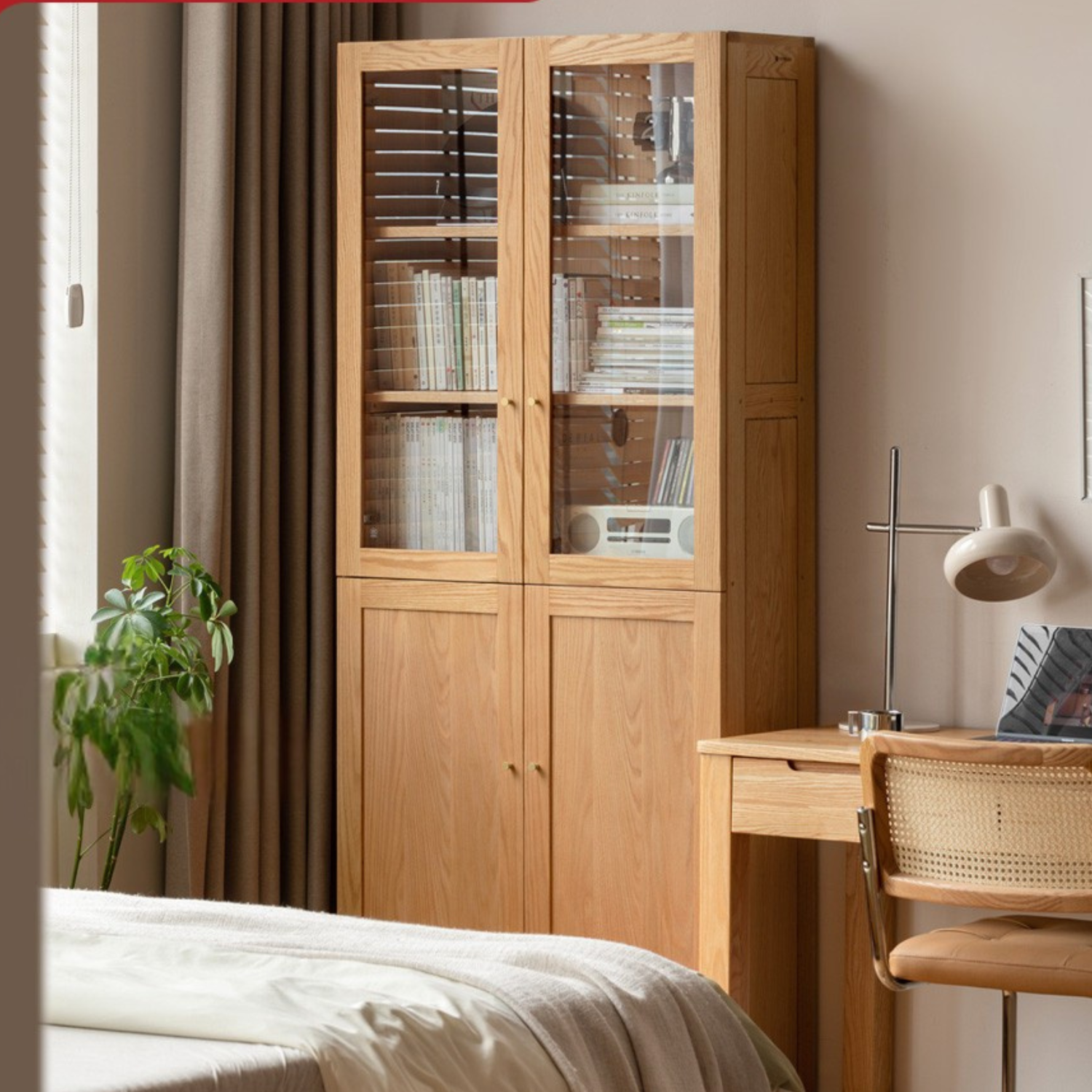 Oak, Rubberwood Solid Wood Bookcase With Glass Doors