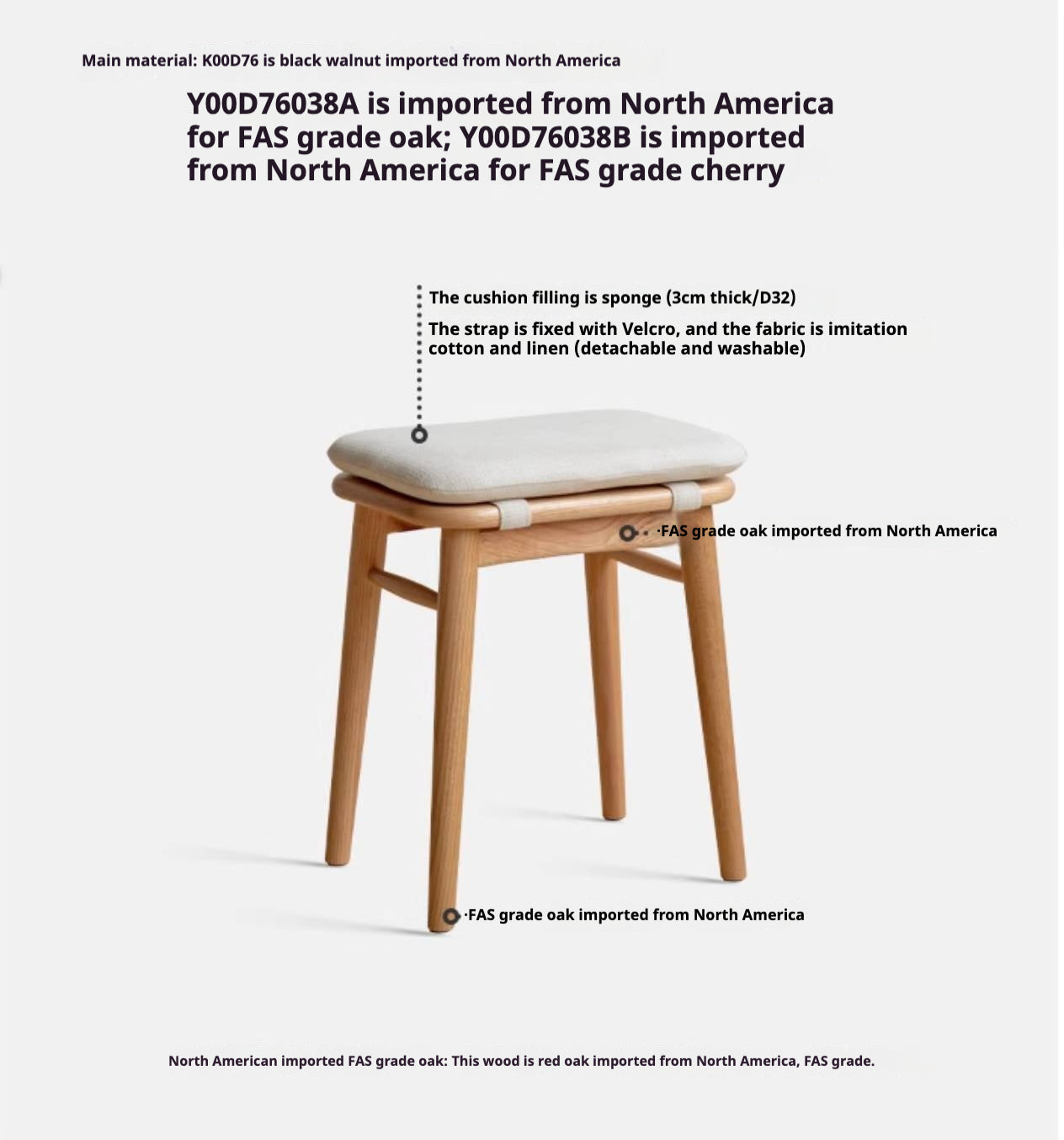 Black Walnut, Oak, Cherry, Rubberwood, Sandalwood Solid Wood Dressing Stool