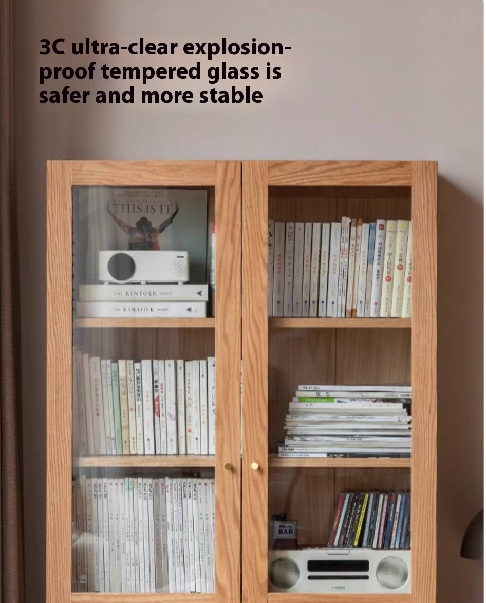 Oak, Rubberwood Solid Wood Bookcase With Glass Doors