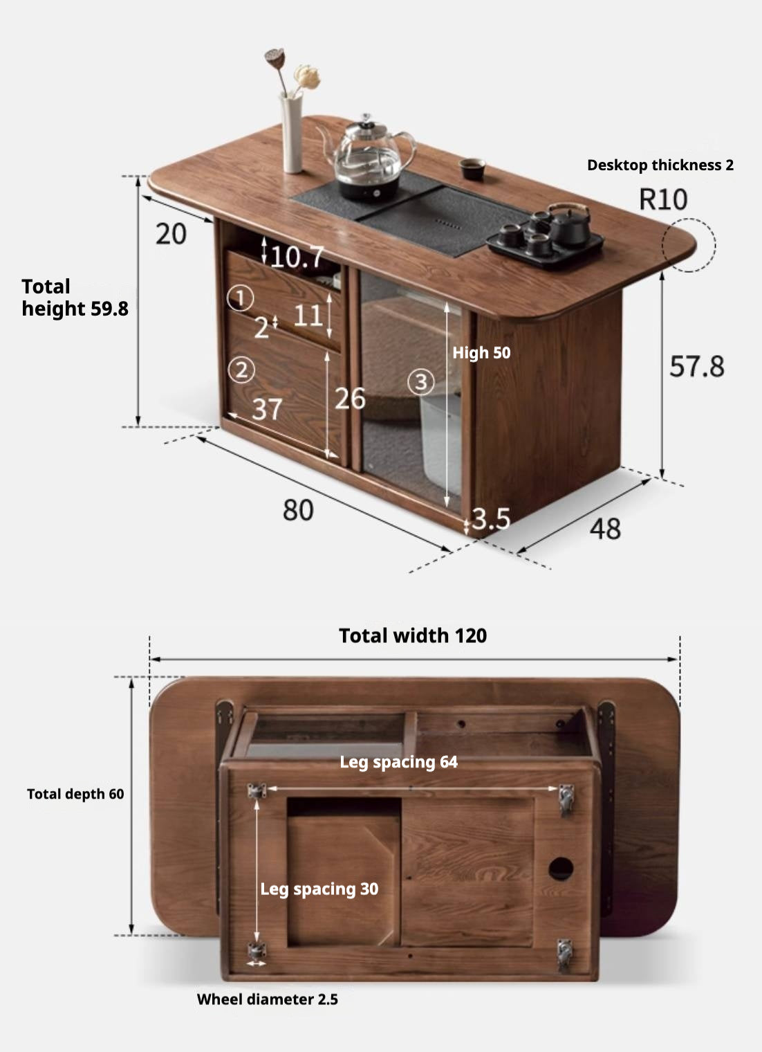 Ash Solid Wood Mobile High Tea Table
