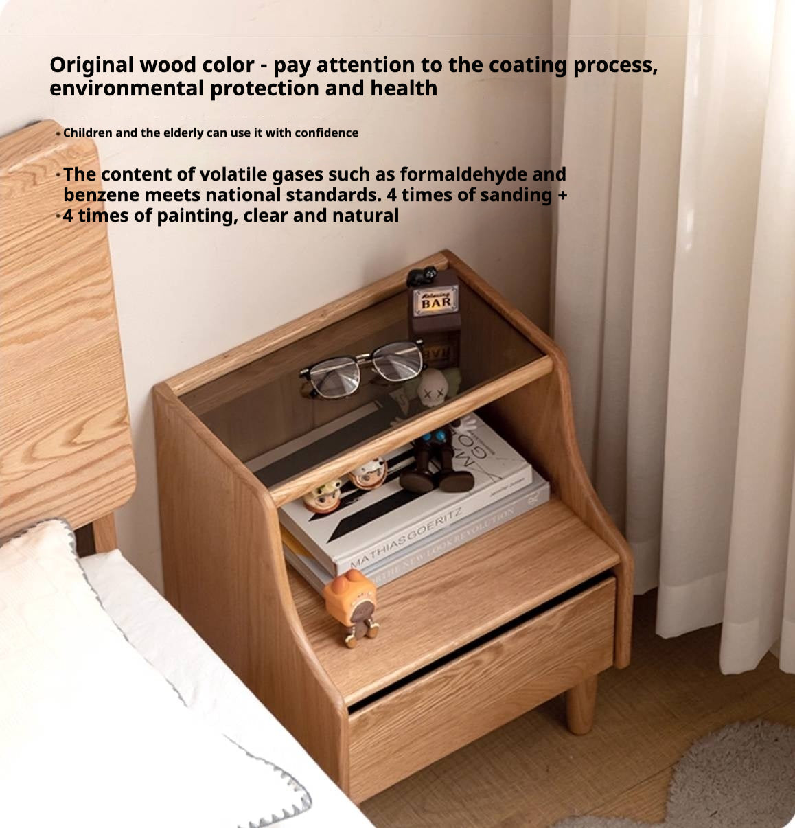 Rubberwood, Oak Solid Wood Log Style Nightstand