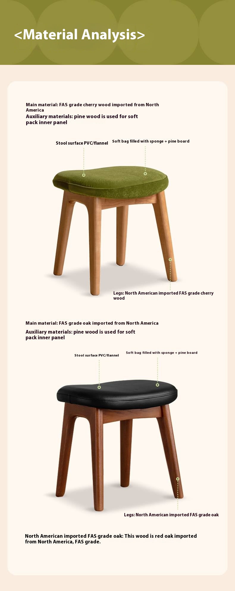 Oak, Cherry Solid Wood Makeup Stool