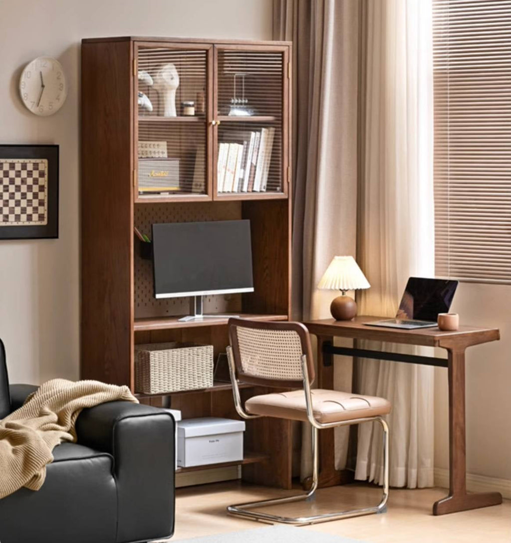 Oak, Black Walnut Solid Wood Office Desk With Integrated Bookshelf