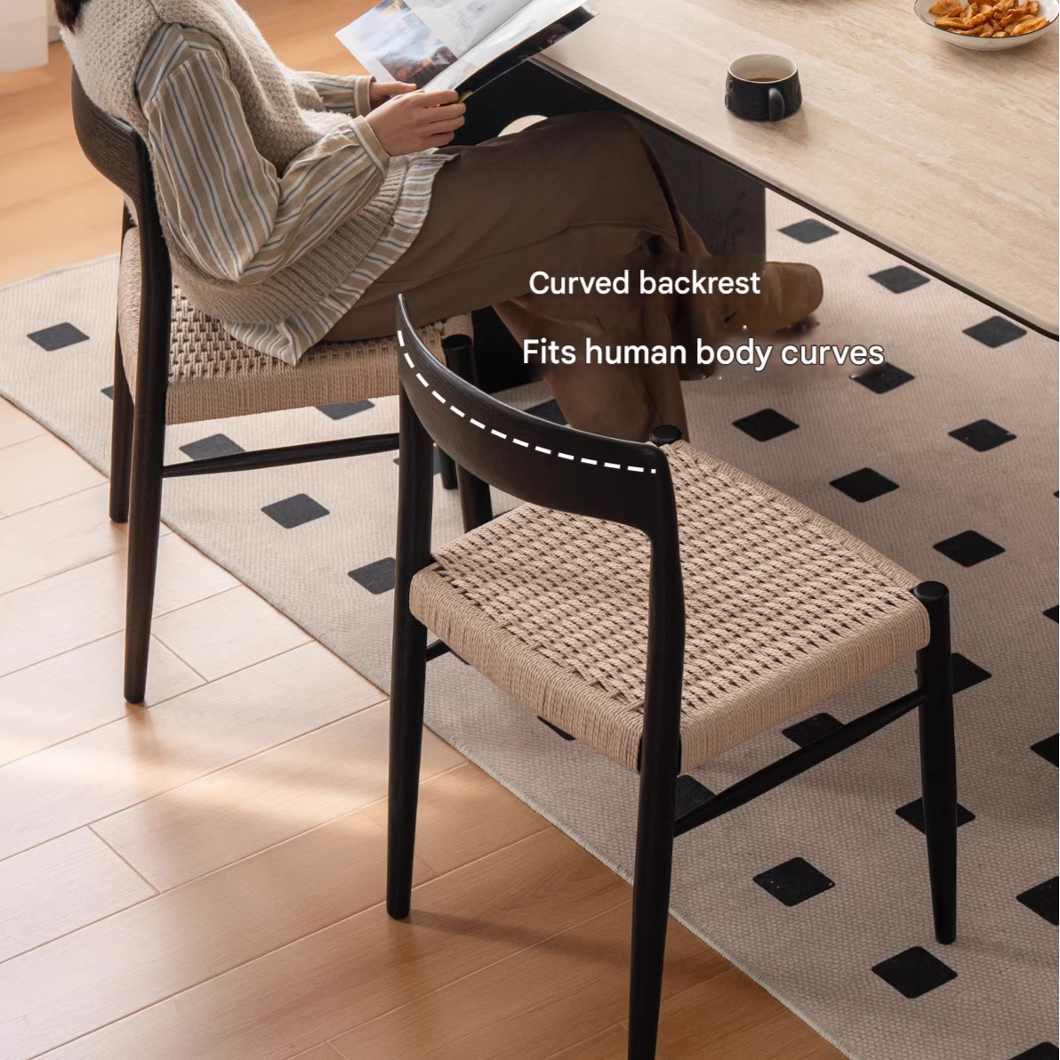 Set 4 pcs Oak Solid Wood Dining Rope Chair