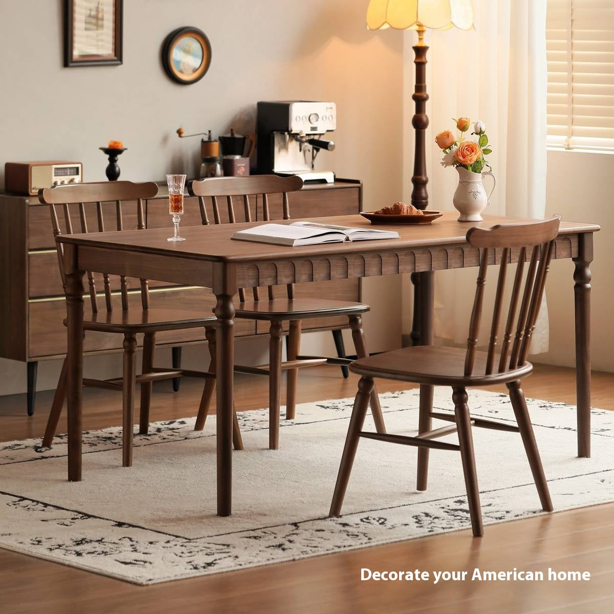 Set 4 pcs Black Walnut Solid Wood American Retro Style Dining Chair