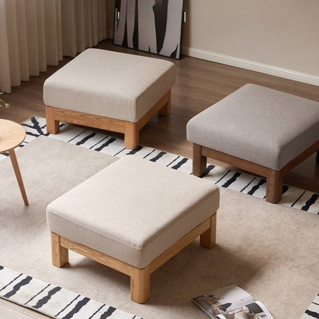 Black Walnut, Oak, Ash, Poplar Solid Wood Footstool Small Fabric Stool