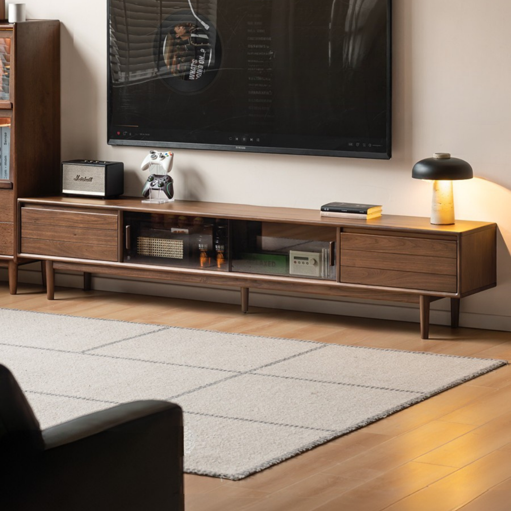 Black Walnut Solid Wood Sliding Doors TV Cabinet