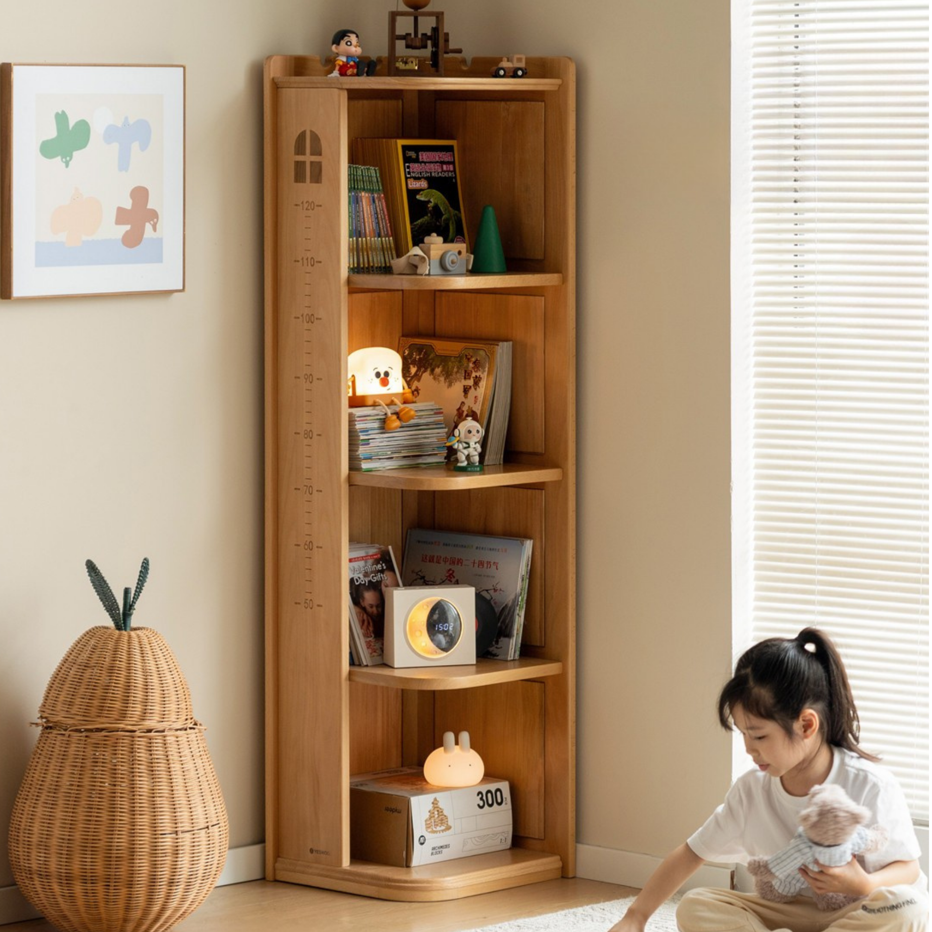 Beech Solid Wood Children's Bookshelf Storage Corner Cabinet