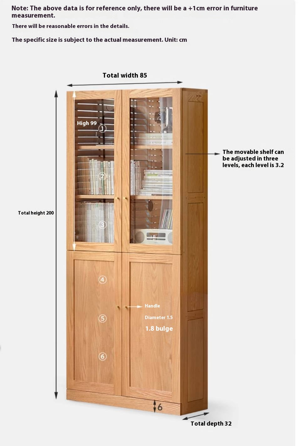 Oak, Rubberwood Solid Wood Bookcase With Glass Doors