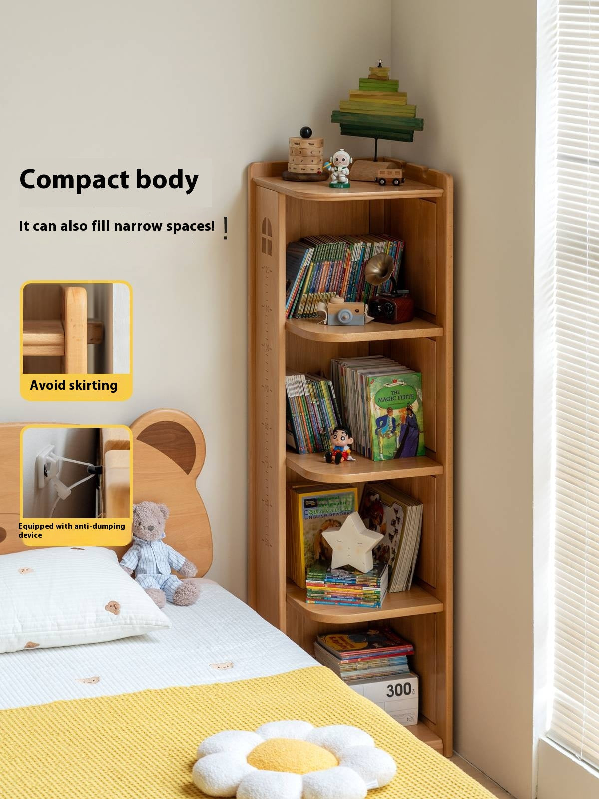 Beech Solid Wood Children's Bookshelf Storage Corner Cabinet
