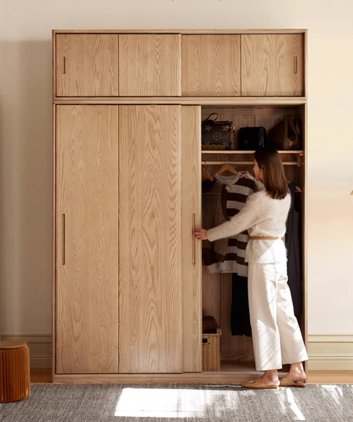 Oak, Ash Solid Wood Wardrobe With Sliding Doors.