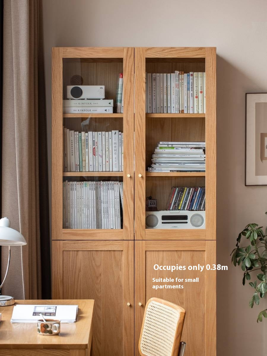 Oak, Rubberwood Solid Wood Bookcase With Glass Doors