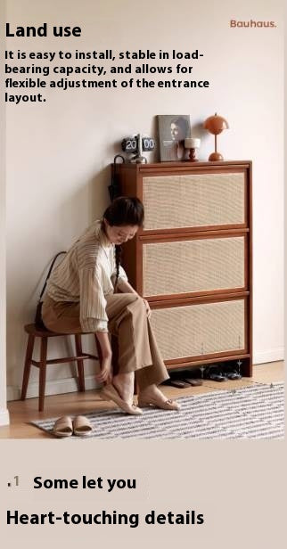 Poplar Solid Wood Rattan Shoe Cabinet Antique Style