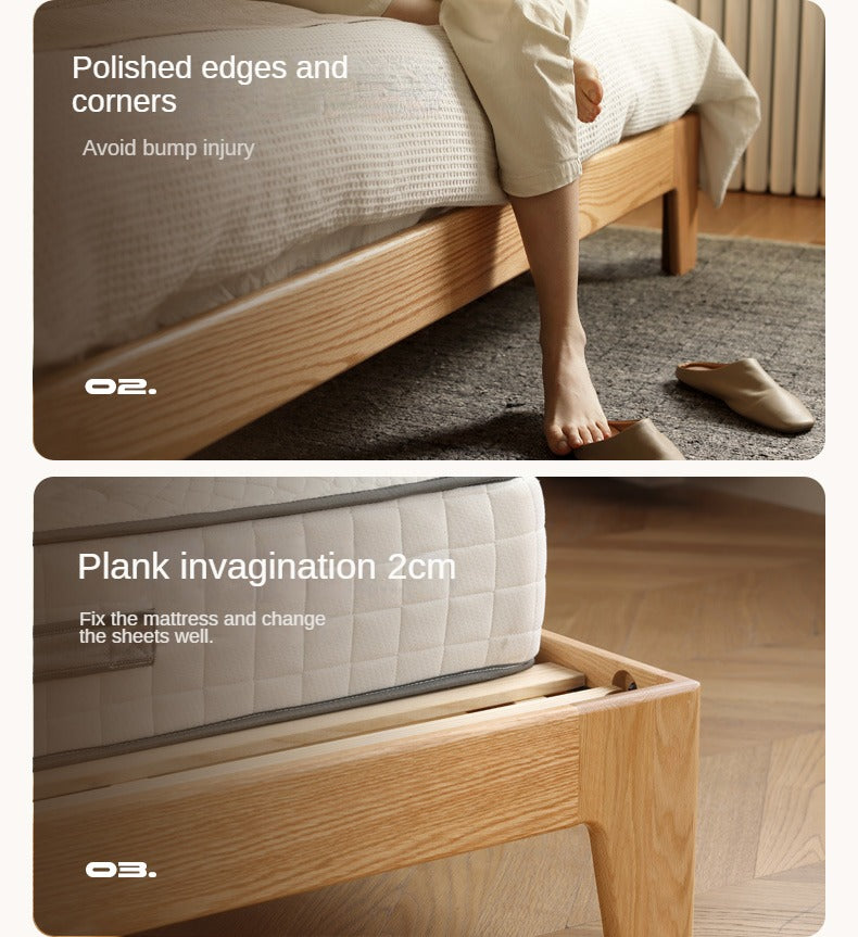 Oak solid wood bed with light and bookshelf