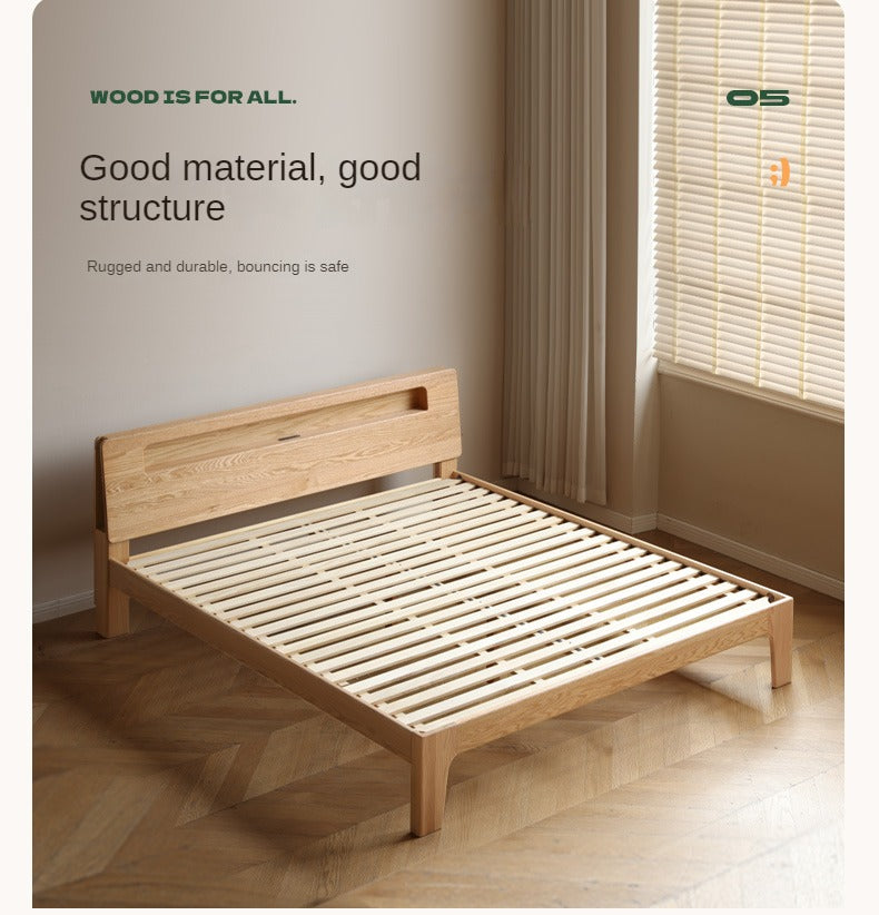 Oak solid wood bed with light and bookshelf