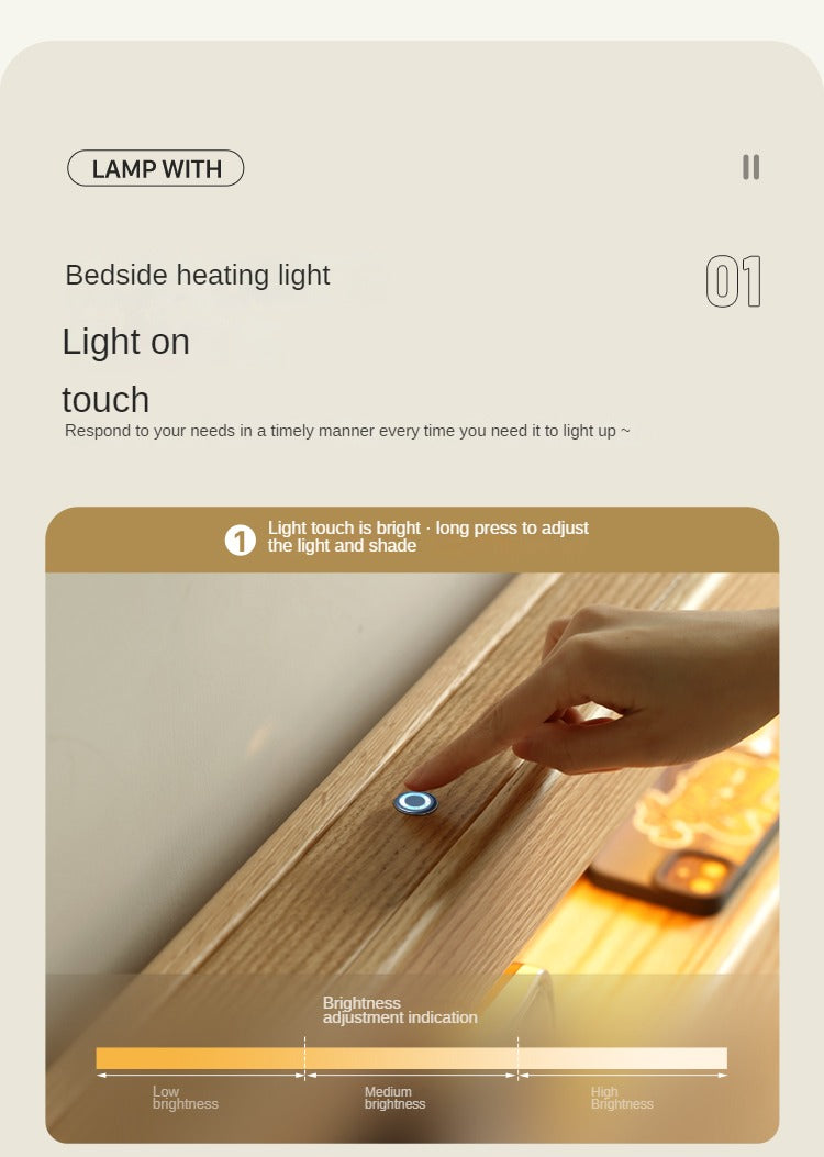 Oak solid wood bed with light and bookshelf