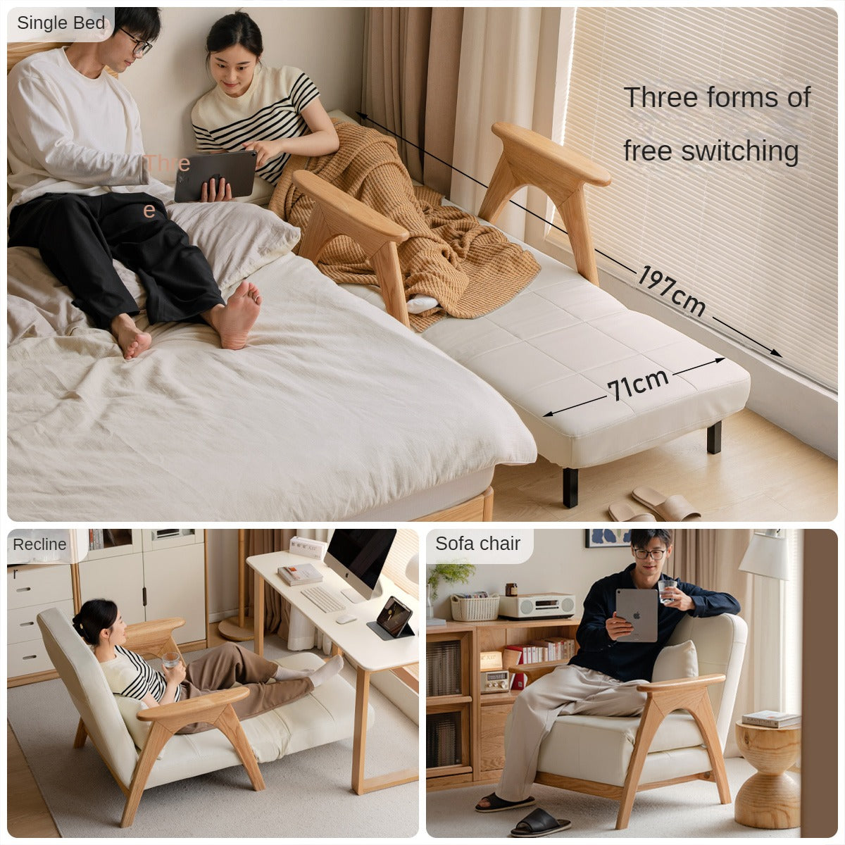 Oak, Beech Solid Wood Folding Dual-Purpose Sofa Chair.