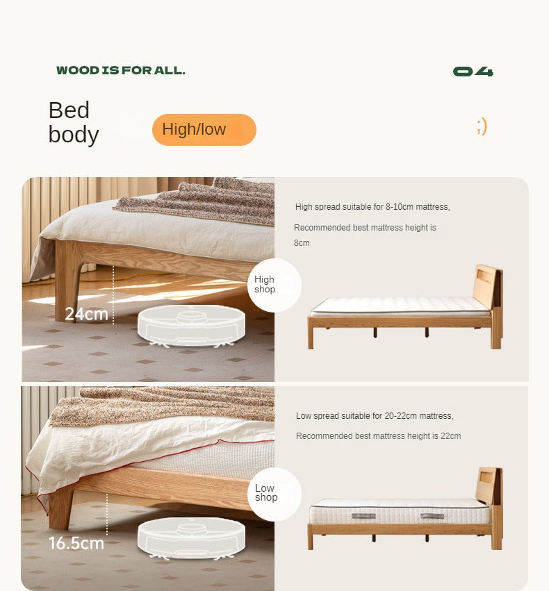 Oak solid wood bed with light and bookshelf