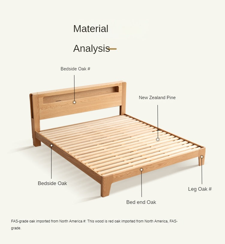 Oak solid wood bed with light and bookshelf