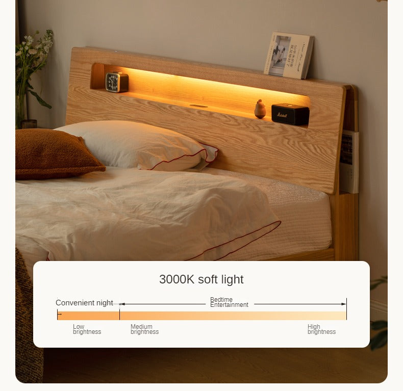 Oak solid wood bed with light and bookshelf