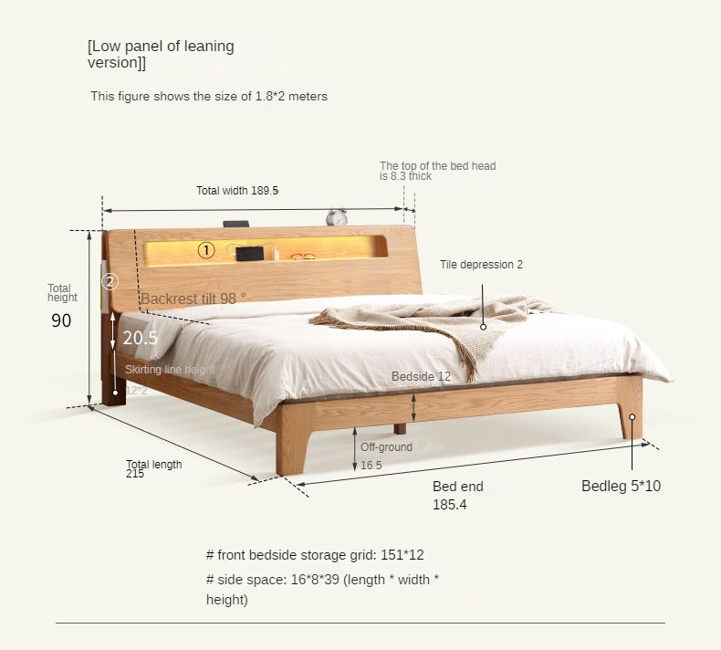 Oak solid wood bed with light and bookshelf